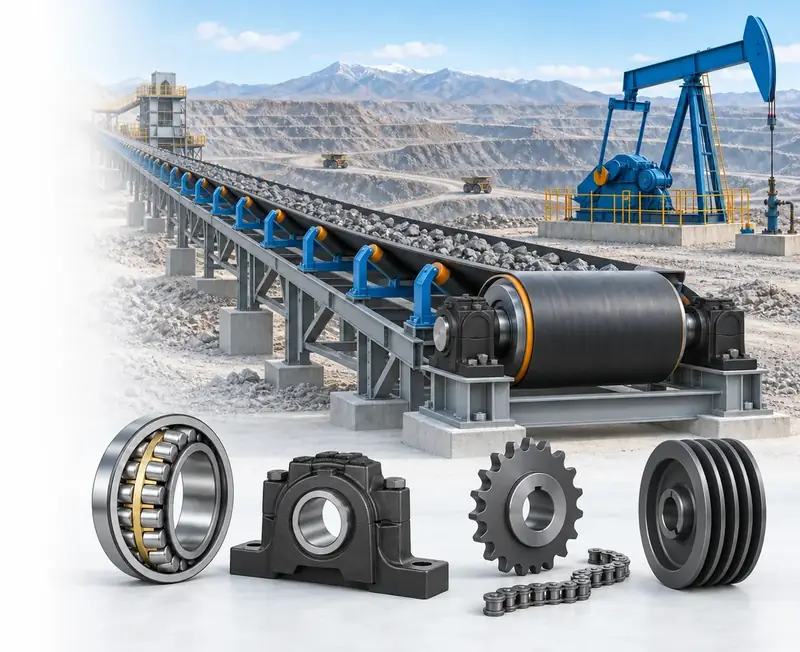 Drawing of an oil pump jack and a mining conveyor running on bearing housings; in front, a spherical roller bearing, split pillow block housing, sprocket, chain and sheave
